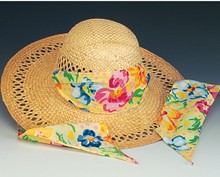 Print Ties Round Crown Straw Hat